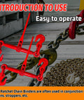 Beefy Heavy Duty Ratchet Chain Binders Three Eighths To One Half Inch With G70 Grab Hooks 9,200 Lb Working Load Limit 33,000 Lb Break Strength Adjustable Tie Downs For Three Eighths Chains FMCSA And DOT Compliant All Steel Two Pack next to metal chains on flatbed