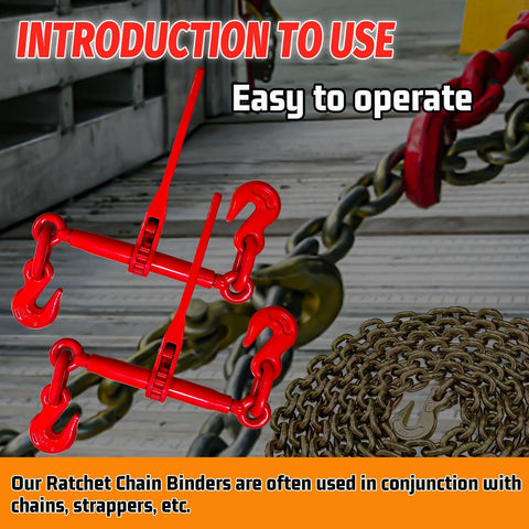 Beefy Heavy Duty Ratchet Chain Binders Three Eighths To One Half Inch With G70 Grab Hooks 9,200 Lb Working Load Limit 33,000 Lb Break Strength Adjustable Tie Downs For Three Eighths Chains FMCSA And DOT Compliant All Steel Two Pack next to metal chains on flatbed