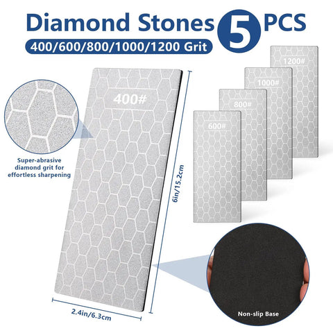 Five diamond stones with 400/600/800/1000/1200 grit for All Metal Chisel Sharpening Kit With Honing Guide And Five Diamond Stones.