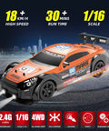 Image of 4WD RC Drift Car 1:16 Scale with 2.4GHz Remote, showcasing high speed 18 KMH, LED headlights, durable shell, drifting tires.