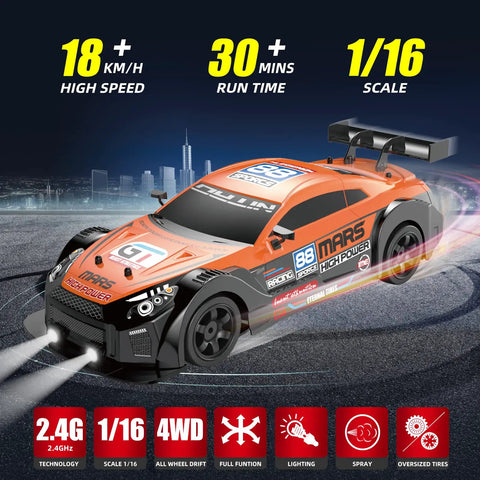 Image of 4WD RC Drift Car 1:16 Scale with 2.4GHz Remote, showcasing high speed 18 KMH, LED headlights, durable shell, drifting tires.
