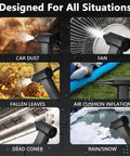 Ultra Powerful Beast Mode Mini Air Blower Duster With 130000 RPM Brushless Motor 8000mAh Battery USB C Recharge Portable Dust Blower For Computer Keyboards Cars Home And Outdoor Cleaning shown in various uses like cleaning car dust and fallen leaves.