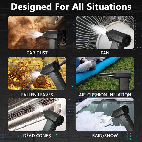 Ultra Powerful Beast Mode Mini Air Blower Duster With 130000 RPM Brushless Motor 8000mAh Battery USB C Recharge Portable Dust Blower For Computer Keyboards Cars Home And Outdoor Cleaning shown in various uses like cleaning car dust and fallen leaves.