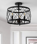 Oil Rubbed Bronze 15 Inch Led Semi Flush Mount Ceiling Light With Three Light Modern Industrial Drum Fixture For Bedroom Living Room And Hallway Gold Metal Cage Shade installed in a living room