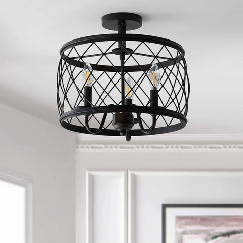 Oil Rubbed Bronze 15 Inch Led Semi Flush Mount Ceiling Light With Three Light Modern Industrial Drum Fixture For Bedroom Living Room And Hallway Gold Metal Cage Shade installed in a living room