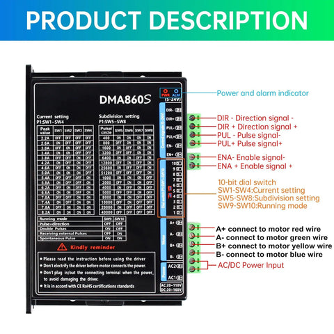 Powerful Digital CNC Stepper Motor Driver For DIY CNC Machining, 2.2A to 8.2A Peak Current, Works With 20-110V AC Or 20-160V DC, Ultra Fast 300KHz Pulse Response, 16 Subdivision Modes (400 to 51200), Easy Setup And Precise Motion Control. DMA860S CNC stepper driver with terminal wiring diagram and dip switch settings