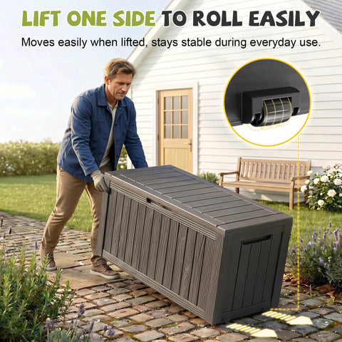 Man lifting Outdoor Resin Storage Deck Box Lockable And UV Resistant 85 Gallon Bin with wheels showing mobility feature
