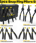 Beefy Twelve Piece Heavy Duty Snap Ring Pliers Set with straight, 45, and 90 degree jaw tips, shown with black storage case.