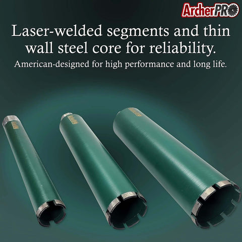 Archer PRO 2-1/4 in diamond turbo core drill bits, green steel with V-tip, 3-pack for concrete and masonry.