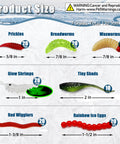Assorted soft baits from 160 Piece Ice Fishing Jigs And Soft Worm Baits Kit With UV And Micro Glow For Walleye Crappie Panfish Trout All In One Winter Tackle Set For Ice Fishing Box Included, showing styles and sizes.