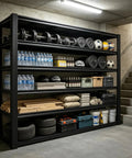 Heavy Duty Garage Shelving 6 Tier Steel Storage Rack 6000 Lbs Capacity Built Like A Tank Adjustable Metal Shelf Unit filled with tools, boxes, and sports equipment.