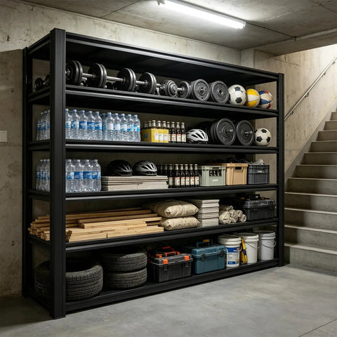 Heavy Duty Garage Shelving 6 Tier Steel Storage Rack 6000 Lbs Capacity Built Like A Tank Adjustable Metal Shelf Unit filled with tools, boxes, and sports equipment.