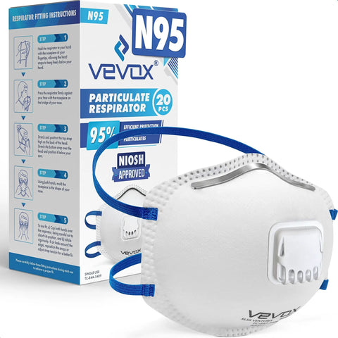 N95 Masks For Adults NIOSH Approved 20 Pack Valved Particulate Respirator With Comfort Plus Seal in front of packaging