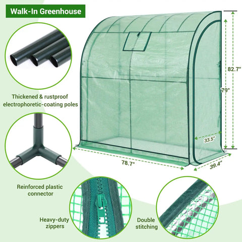 Lean-To Garden Greenhouse With 3-Tier Shelves, Walk-In Wall Mounted Design, Mesh Windows, Two Roll-Up Zipper Doors, Large 79 By 39 By 83 Inch Outdoor Greenhouse, Reinforced Frame For Outdoor Ready