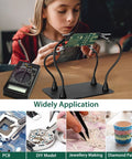 Magnetic Helping Hands Soldering Station with alligator clips, four flexible gooseneck arms, holding PCB board for electronics repair