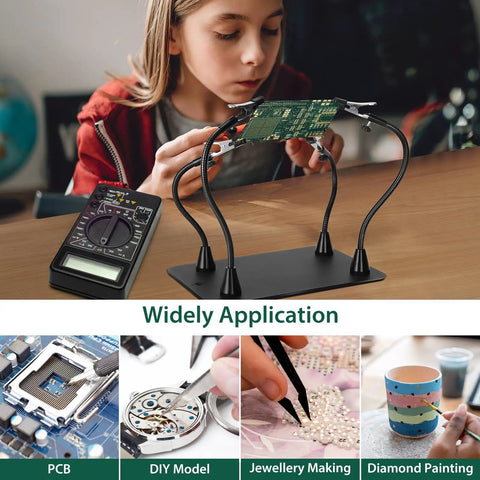 Magnetic Helping Hands Soldering Station with alligator clips, four flexible gooseneck arms, holding PCB board for electronics repair