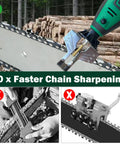 Cordless 12V Chainsaw Sharpener Kit with two batteries and nine diamond grinding wheels sharpening a chainsaw chain
