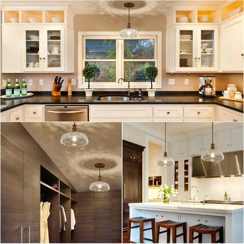 Vintage Flower Pendant Light Fixture in kitchen and living room, glass and metal shade, warm lighting for cozy spaces.
