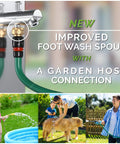 Composite image showing a stainless steel foot wash spout with garden hose connection and people using it for outdoor activities.