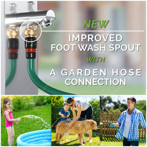 Composite image showing a stainless steel foot wash spout with garden hose connection and people using it for outdoor activities.