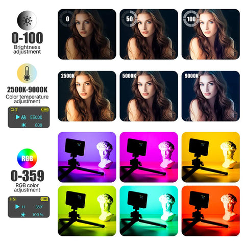 Portable RGB LED Video Light Panel For Cameras 0 To 360 Degree Color Range 2500K To 9000K 95 Plus CRI Rechargeable 3100mAh LED Lighting