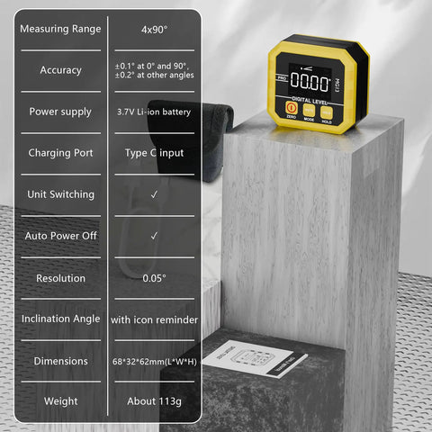 Heavy Duty Digital Angle Finder Magnetic Inclinometer With Fast USB Charging Built For Pros And Weekend Warriors Who Demand Flawless Layouts And Easy Electronic Level Use Every Single Time on a wooden block.