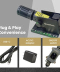 ML 400 Green Line Laser Level For Outdoor Projects With Direct Sunlight Visibility Great For Large Scale Cutting And Precise Measuring Alignment Made Easy Waterproof IP67 Built In Wall Mount Type C Port Class 3R with USB-C, AC/DC adapter, and ON/OFF switch shown
