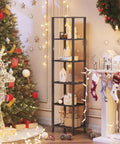 Tall Narrow Bookshelf Featuring Six Tier Open Shelves Compact Slim Design Versatile End Table Pair with holiday decor