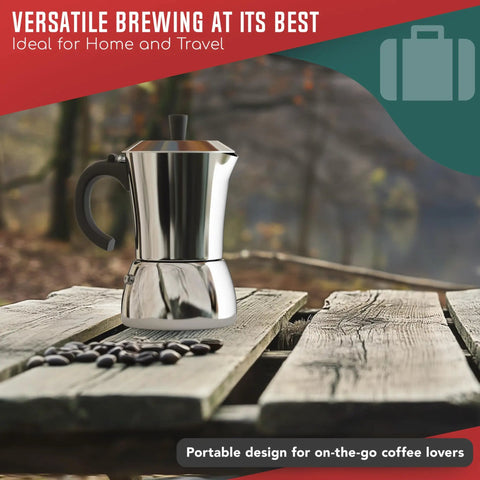 Stainless Steel Moka Pot, 6 Cup Espresso Maker For Gas, Electric Or Induction Stoves, 12oz Brew on wooden table outdoors