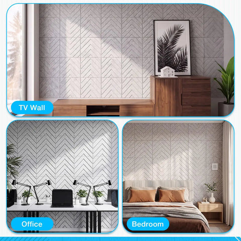 18 Pack Peel and Stick Acoustic Panels for Walls, Self Adhesive Sound Absorbing Foam Tiles to Cut Echo and Reverb, Noise Reducing Wall Covers for Home Studios, Gaming Rooms, and Bedrooms, Easy DIY Install, 12 Inch Squares in a TV wall setup.