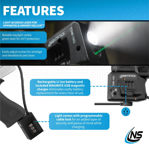 150 Lumen Rechargeable Tactical Light With Green Laser Sight For Springfield Hellcat Pistols IPX4 features chart