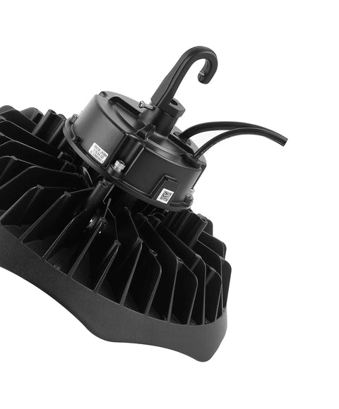 Heavy Duty 200W Led High Bay Shop Light With Motion Sensor, Slick UFO design with black finish and hanging hook.