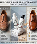 Premium Leather Cleaner And Conditioner Kit to Straight Up Lift Grime From Bags Boots And Travel Accessories, showing before and after shoe care.