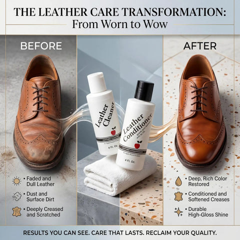 Premium Leather Cleaner And Conditioner Kit to Straight Up Lift Grime From Bags Boots And Travel Accessories, showing before and after shoe care.