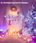 Smart Christmas Lights 196ft 600 LED WiFi Color Changing String Lights illuminate tree and mantel in cozy indoor setting.