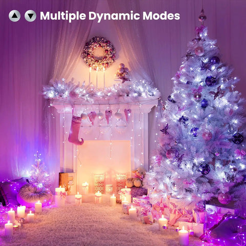 Smart Christmas Lights 196ft 600 LED WiFi Color Changing String Lights illuminate tree and mantel in cozy indoor setting.