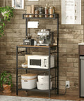 Rustic Brown And Black Bakers Rack With Storage And Microwave Stand, Paper Holder, Power Outlet, Coffee Bar Station