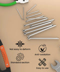 Stainless Steel Cotter Pin Set 50 Pieces Assortment Kit With 5 Sizes M1.5 X 25mm M2 X 30mm M2.5 X 40mm M3 X 60mm M4 X 80mm For Cars Mechanics Power Equipment Lawn Mower displayed on table with tools