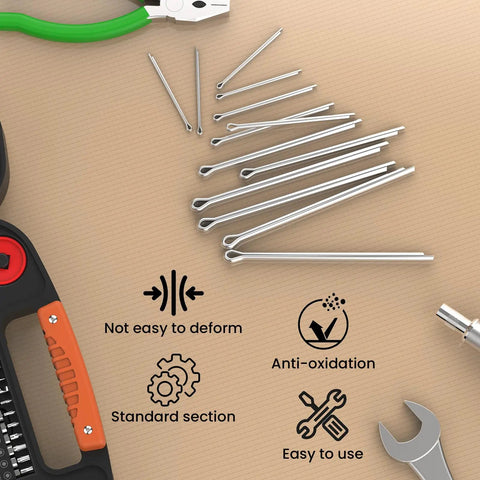 Stainless Steel Cotter Pin Set 50 Pieces Assortment Kit With 5 Sizes M1.5 X 25mm M2 X 30mm M2.5 X 40mm M3 X 60mm M4 X 80mm For Cars Mechanics Power Equipment Lawn Mower displayed on table with tools