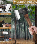 14.4 Inch Hatchet For Camping And Survival With Sheath, Beefy Bushcraft Axe Built From 1065 Carbon Steel And Beech Handle shown in forest