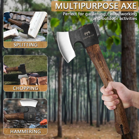 14.4 Inch Hatchet For Camping And Survival With Sheath, Beefy Bushcraft Axe Built From 1065 Carbon Steel And Beech Handle shown in forest