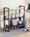 Heavy Duty 3 Tier Dumbbell Rack For Home Gym Featuring Adjustable Width Shelves Holds Up To 390 Pounds with kettlebells and weights.