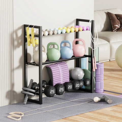 Heavy Duty 3 Tier Dumbbell Rack For Home Gym Featuring Adjustable Width Shelves Holds Up To 390 Pounds with kettlebells and weights.