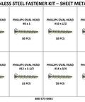 Heavy Duty 18-8 Stainless Steel Phillips Oval Head Sheet Metal Screw Kit Includes 8 Through 14, 296 Pieces displayed in rows