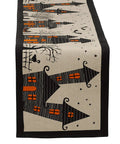 Straight Up Spooky Halloween Table Runner 14X72 Inches Reusable 100 Percent Cotton Fabric for themed dining decor with haunted house design.