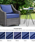 Outdoor Cushions For Patio Furniture Navy Blue Set Waterproof And Fade Resistant 24 By 24 By 5.75 Inch Seat Cushion And 25 By 22 Inch Back Cushion With Removable Cover For Cozy Durable Outdoor Seating shown on a wicker chair next to a table.