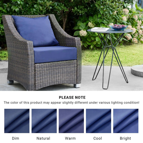 Outdoor Cushions For Patio Furniture Navy Blue Set Waterproof And Fade Resistant 24 By 24 By 5.75 Inch Seat Cushion And 25 By 22 Inch Back Cushion With Removable Cover For Cozy Durable Outdoor Seating shown on a wicker chair next to a table.