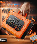 Orange double-layer tool case with ergonomic handle and organized tool set inside, for easy transport and effective organization.