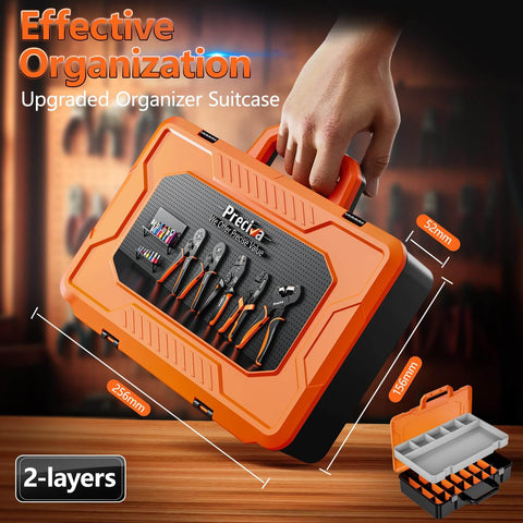 Orange double-layer tool case with ergonomic handle and organized tool set inside, for easy transport and effective organization.