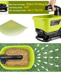 Cordless Grass Seed Spreader For Lawn Care With Ryobi 18V Battery Compatibility showing hopper and spreading angle